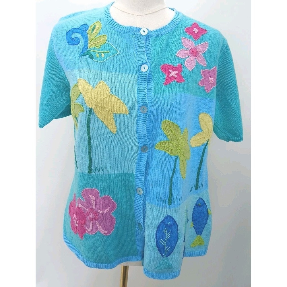 In Stitches Eagle Eye Spring Floral/fish Embroidered Button-up Cardigan Sz Lg